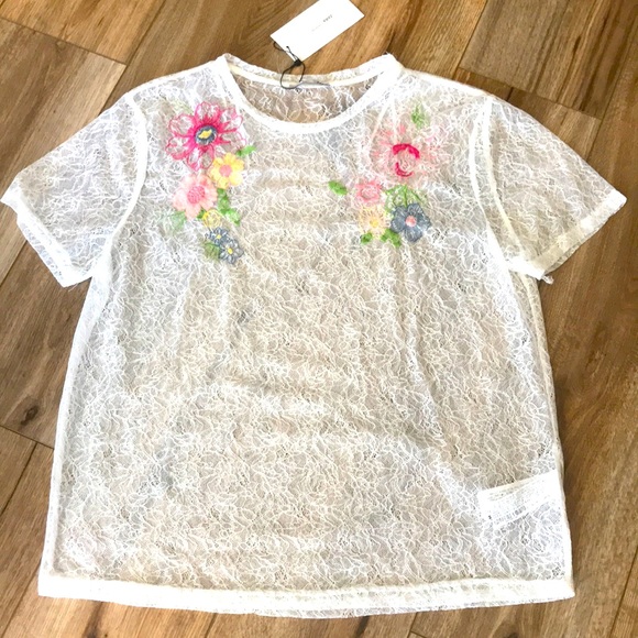 ZARA SHEER LACE TOP WITH EMBROIDERED FLOWERS SIZE M NEW WITH TAG - Picture 2 of 8